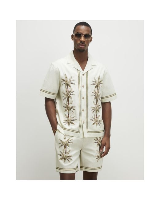 River Island Natural Cream Palm Tree Embroidered Shirt for men