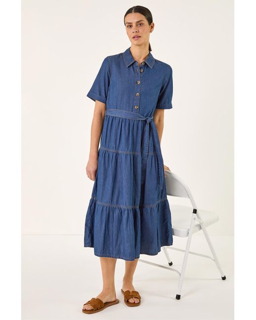 Roman Blue Button Detail Tiered Midi Dress