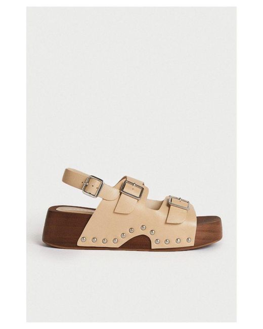 Warehouse White Real Leather Buckle Studded Clog