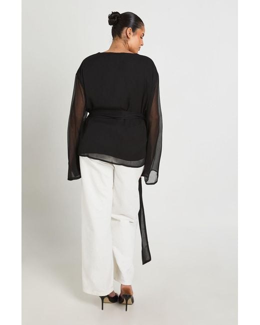 Boohoo Black Plus Chiffon Trim Wrap Top