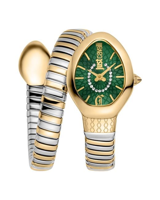 Just Cavalli Green Snake Watch, Color Case, Dark Dial, Two Tone Stainless Steel Bracelet