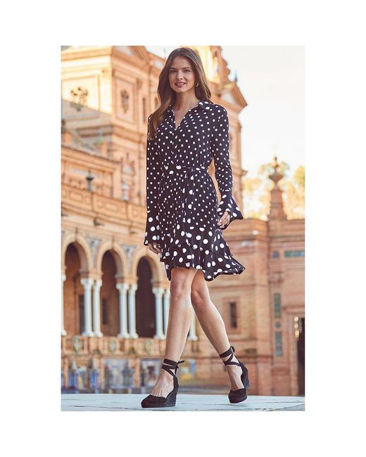 Sosandar Purple Spot Print Ruffle Hem Belted Shirt Dress