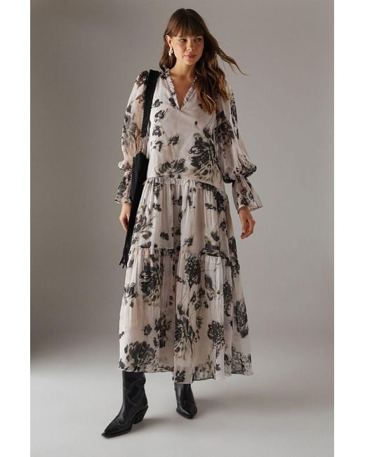 Warehouse Brown Printed Premium Raw Edge Georgette Tiered Maxi Dress