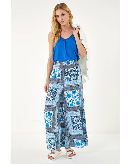 Roman Blue Shirred Waist Wide Leg Trouser
