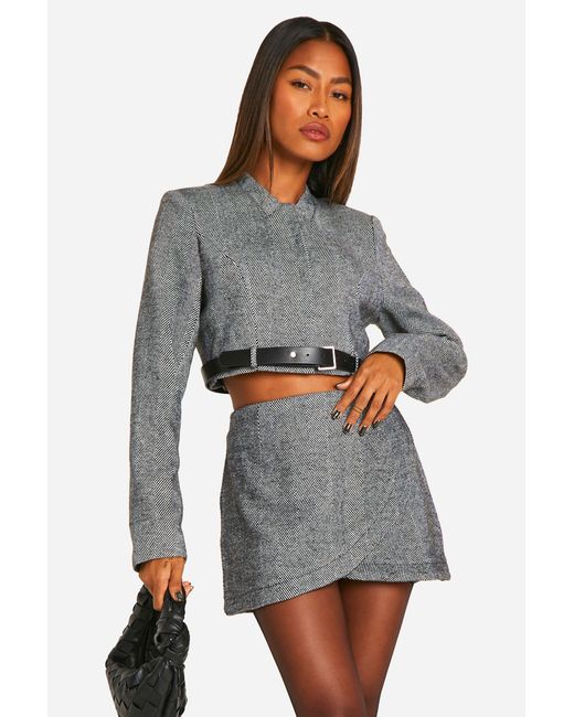 Boohoo Gray Herringbone Belt Detail Cropped Blazer