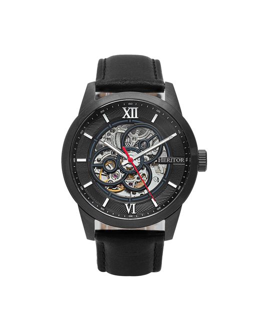 Heritor Black Jonas Leather-Band Skeleton Watch for men