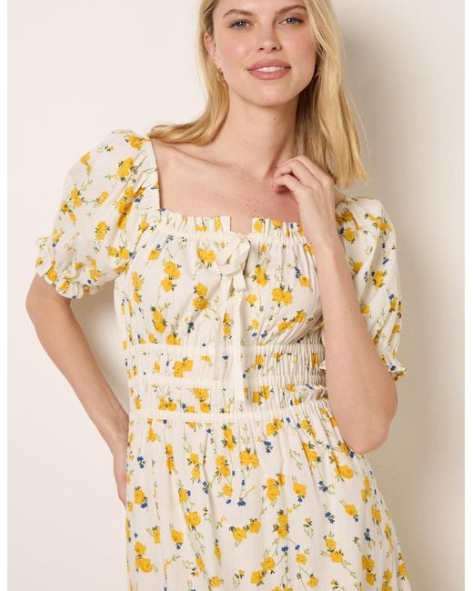 Blue Vanilla Natural Ditsy Floral Poplin Milkmaid Midi Dress