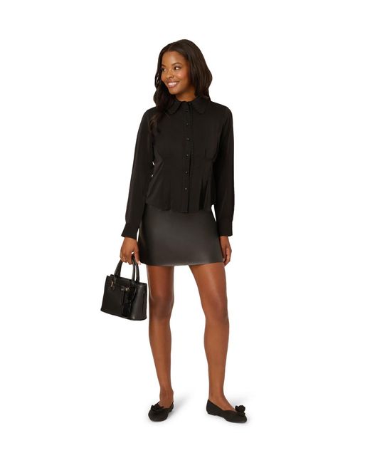 Adrianna Papell Black Lace Trim Button Front Collar Silky Woven Long Sleeve Blouse