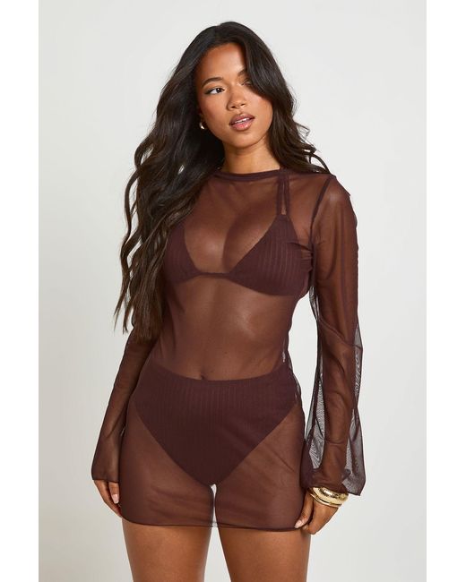 Boohoo Brown Sheer Mesh Mini Beach Dress