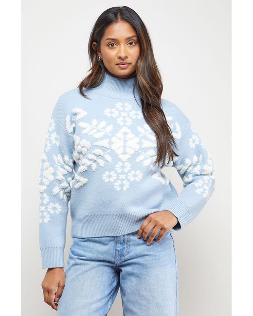 Oasis Blue Geo Print High Neck Cosy Knitted Jumper