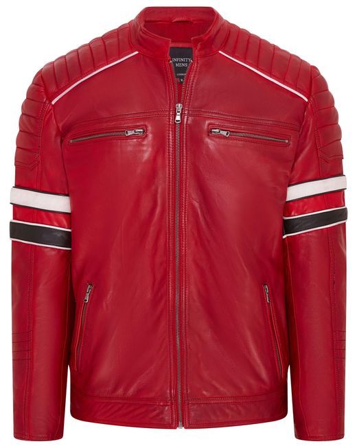 Infinity Leather Red Quilted Biker Racing Jacket- Brevik Lamb Leather for men