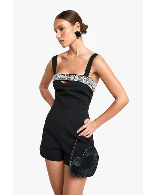 Boohoo Black Diamante Hand Embellished Playsuit