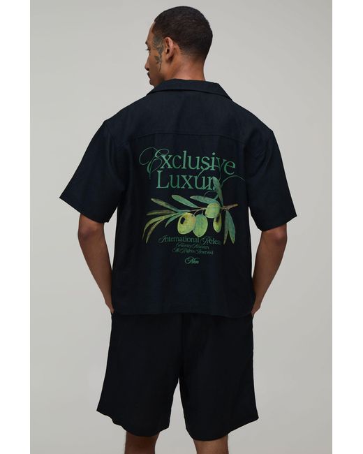BoohooMAN Black Back Printed Linen Blend Oversized Shirt & Short Set for men