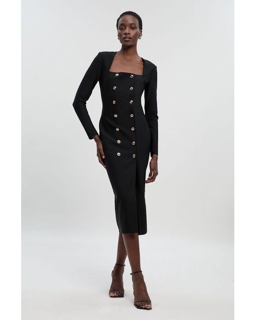 Karen Millen Black Figure Form Woven Mix Military Button Blazer Knit Midi Dress