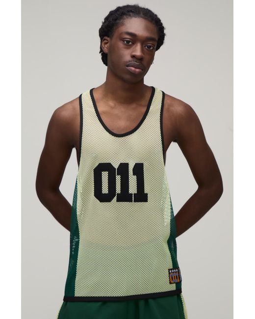 BoohooMAN Green Regular Fit Netted 011 Applique Racer Vest for men