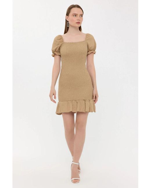Hiccup Natural Ribbed Ruffled Square Neck Mini Dress With Balloon Sleeves