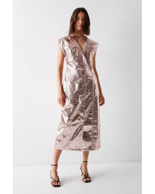Warehouse White Metallic Crackle Faux Leather Midi Dress