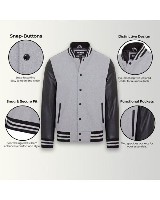 Infinity Leather Gray Letterman Baseball Wool Varsity Bomber Jacket for men