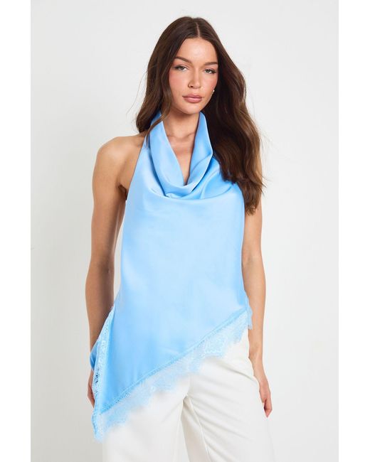Boohoo Blue Lace Hem Cowl Top