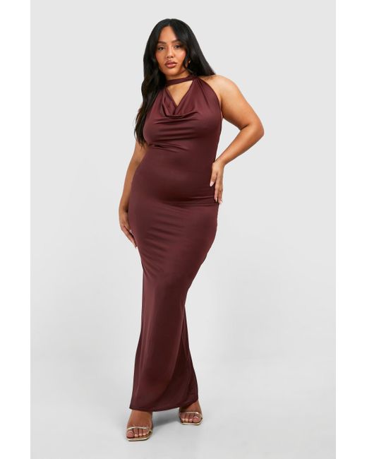 Boohoo Red Plus Drape Halterneck Slinky Maxi Dress
