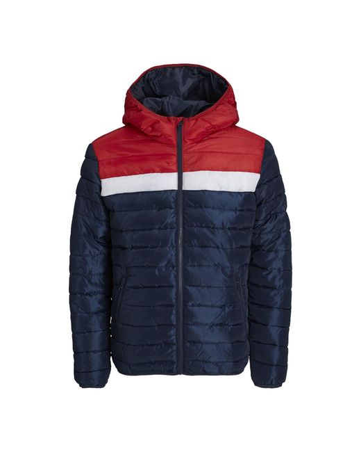 Jack & Jones Blue Hooded Puffer Jacket, Full Zip, Long Sleeve for men