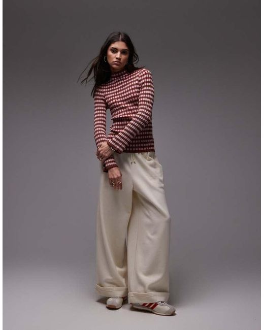 TOPSHOP Red Knitted Plated Check Long Sleeve Top