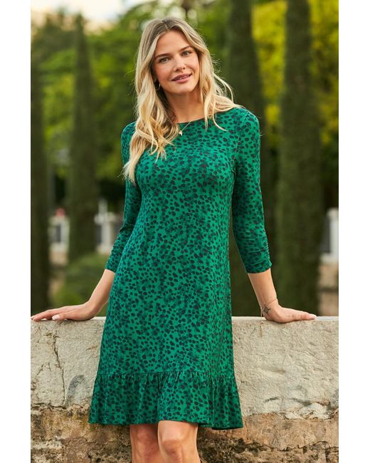 Sosandar Green Forrest Print Ruffle Hem Shift Dress