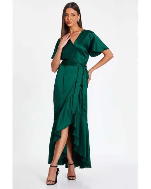 Quiz Green Bottle Satin Wrap Maxi Dress