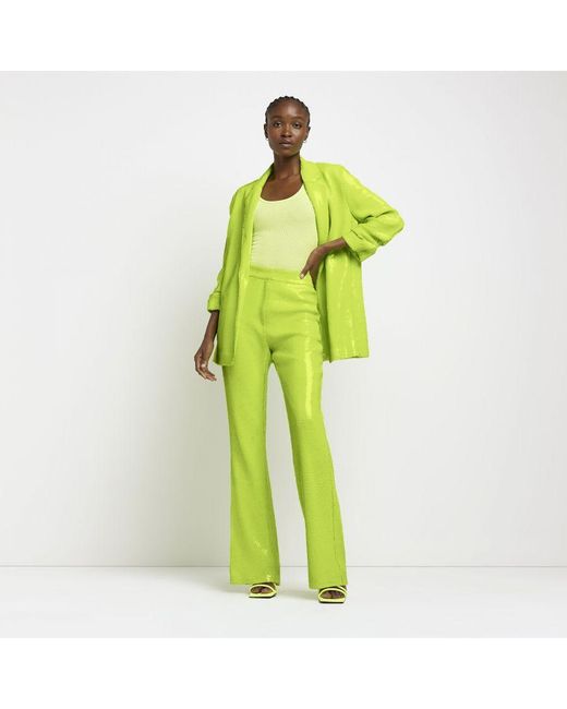 River Island Flared Trousers Lime Green Sequin