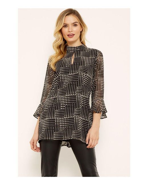 Sosandar Black Cream Spot Print Top Leather