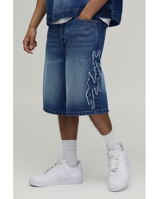 BoohooMAN Blue Parachute Applique Denim Jorts for men