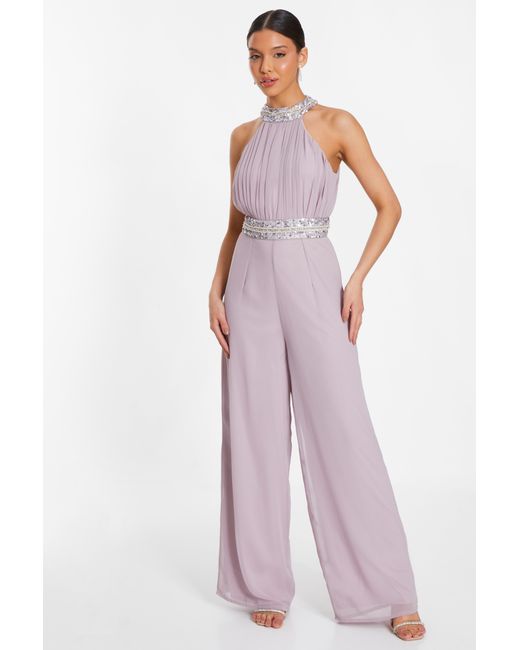 Quiz Purple Mauve Embellished Halter Neck Jumpsuit