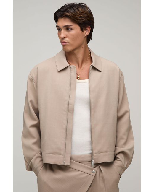 BoohooMAN Natural Back Pleat Tailored Boxy Harrington Co-Ord Jacket for men