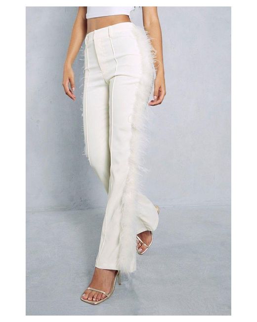MissPap Gray Tailored Satin Feather Trim Trousers