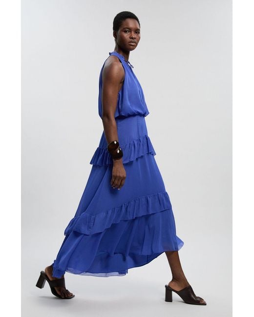 Karen Millen Blue Crinkle Chiffon Halterneck Woven Maxi Dress