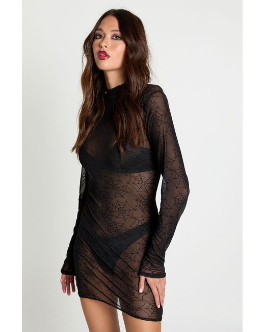 Boohoo Black Halloween Flock Mesh Bat Mini Dress