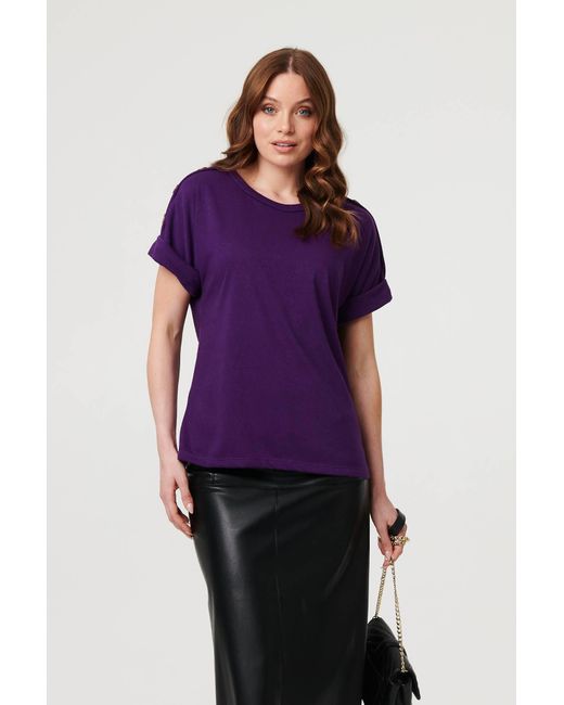 Izabel London Purple Button Trim Short Sleeve Relaxed Top
