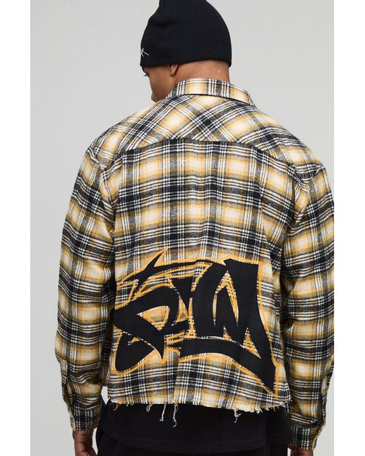 BoohooMAN Gray Oversized Boxy Graffiti Long Sleeve Flannel Check Shirt for men