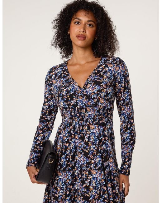Blue Vanilla Blue Floral V Neck Wrap Long Sleeve Midi Dress