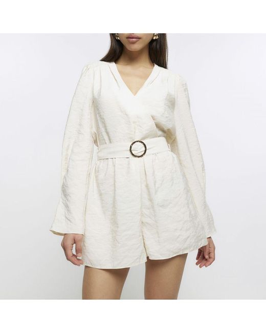 River Island White Playsuit Belted Long Sleeve Cotton