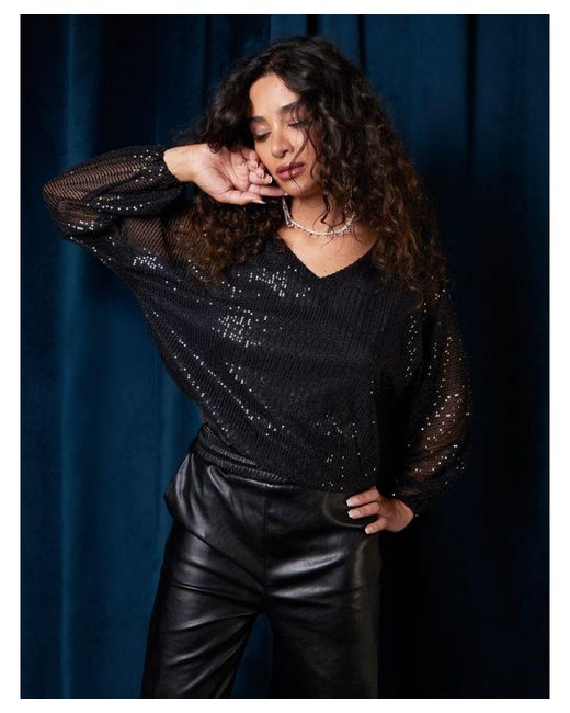 Blue Vanilla Black Sequin Batwing Blouse