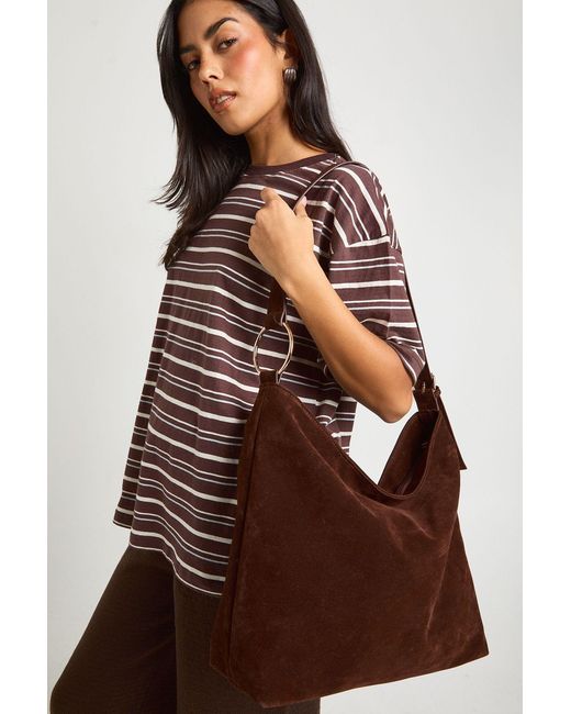 Boohoo Brown Ring Detail Faux Suede Tote Bag