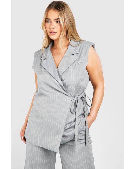 Boohoo White Plus Woven Pinstripe Wrap Sleeveless Blazer
