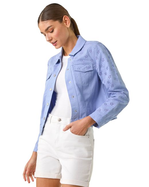 Roman Blue Cotton Blend Broderie Sleeve Jacket