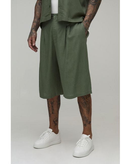 BoohooMAN Green Tall Half & Waist Relaxed Longline Linen Blend Jorts for men