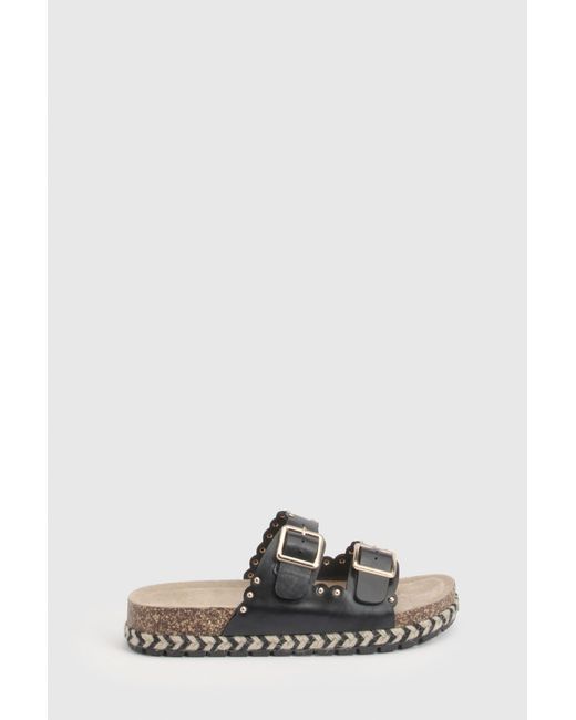 Boohoo Black Double Buckle Flatform Studded Sandals