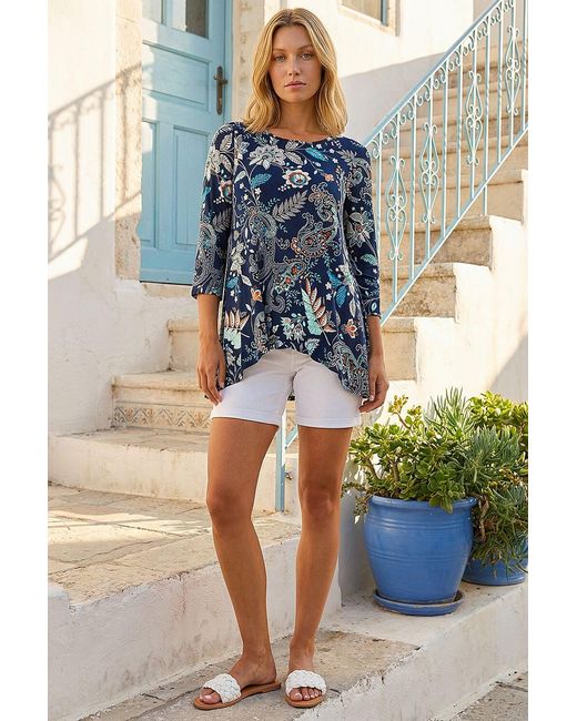 Roman Blue Paisley Hanky Hem Stretch Tunic Top