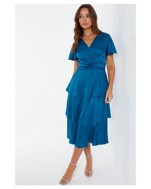 Quiz Blue Satin Tiered Wrap Midi Dress