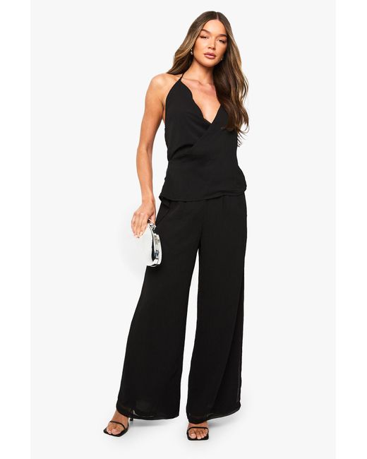 Boohoo Black Chiffon Wrap Top & Wide Leg Trouser Co-Ord