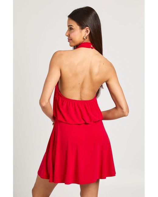 Boohoo Red High Neck Open Back Mini Dress With Drop Waist